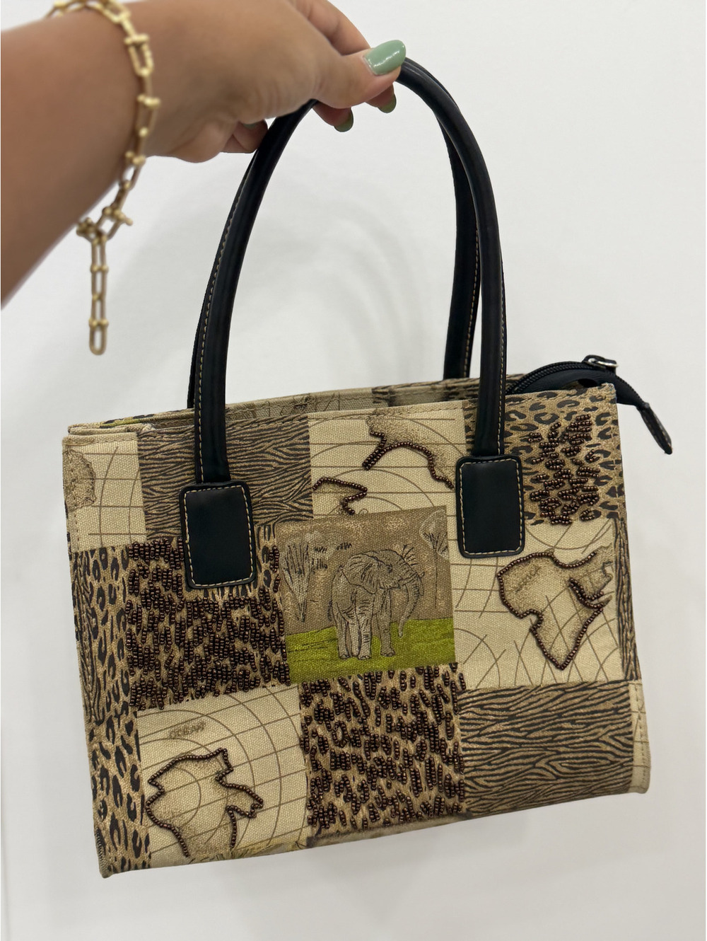 Vintage safari-themed canvas patchwork handbag elephant patch and beaded animal